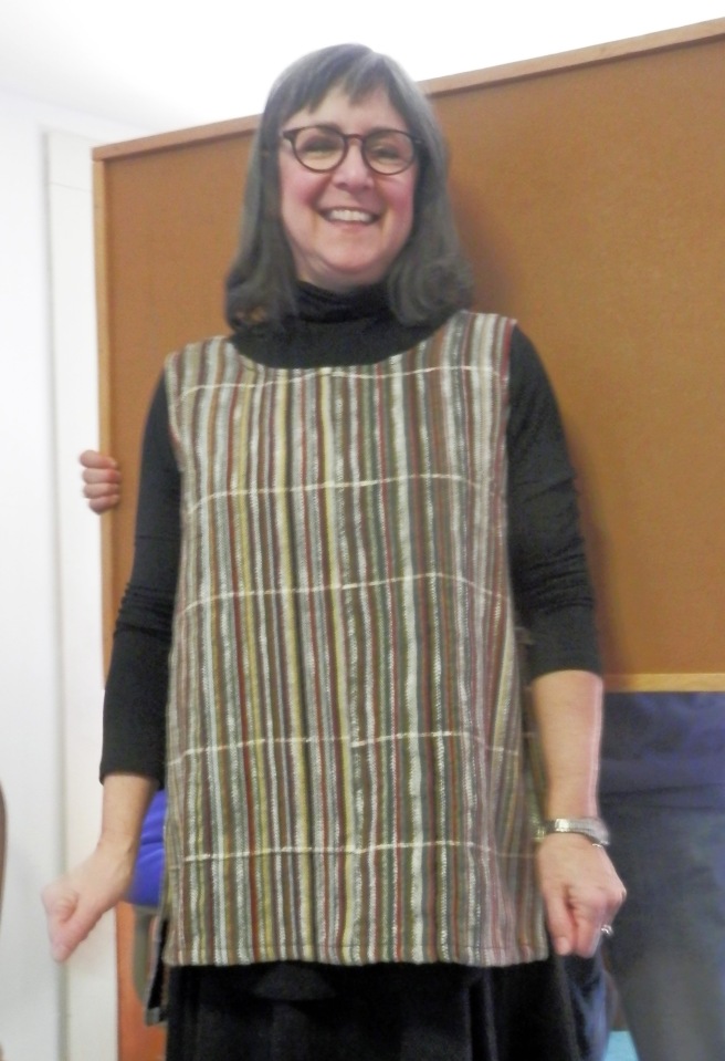 Jackie used some of her stash of Habu yarns to weave some fabulously narrow striped fabric .